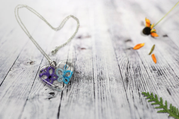 HEART-SHAPED PENDANT WITH PURPLE AND BLUE BUTTERFLY