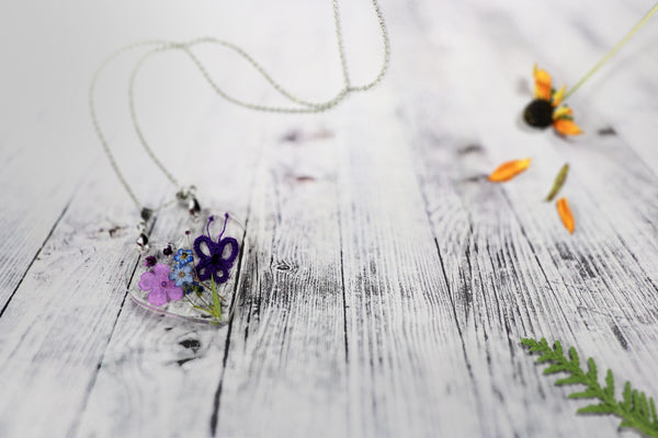HEART-SHAPED PENDANT WITH PURPLE BUTTERFLY AND PURPLE BLUE FLOWERS