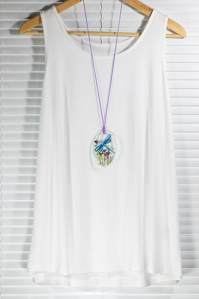 PURPLE OVAL PENDANT BLUE DRAGONFLY