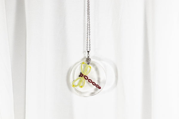 ROUND PENDANT RED DRAGONFLY WITH YELLOW WINGS