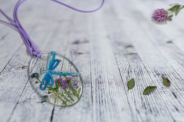 PURPLE OVAL PENDANT BLUE DRAGONFLY