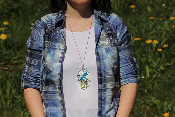 PURPLE OVAL PENDANT BLUE DRAGONFLY