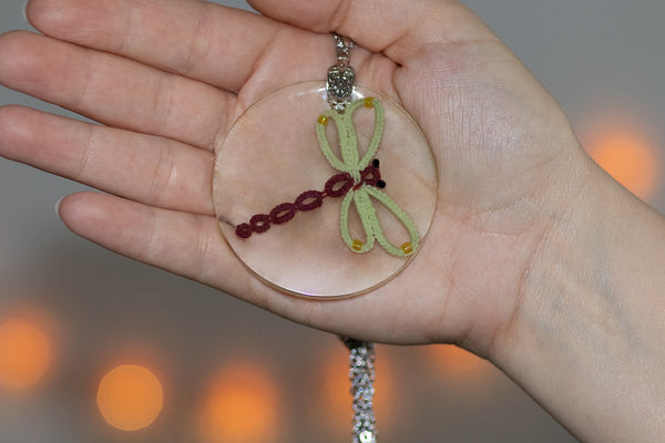 ROUND PENDANT RED DRAGONFLY WITH YELLOW WINGS
