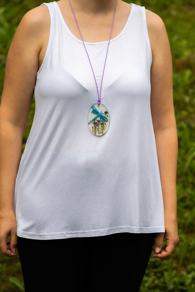 PURPLE OVAL PENDANT BLUE DRAGONFLY