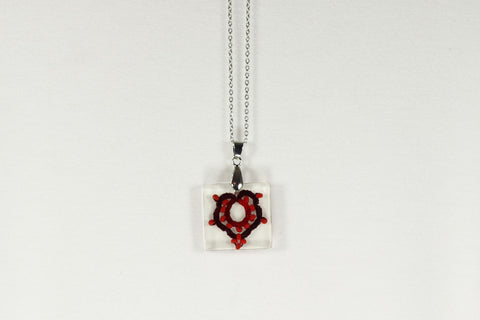 SQUARE PENDANT RED MAPLE LEAF WITH BEADS