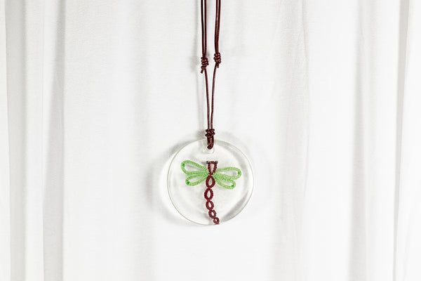 ROUND PENDANT RED GREEN DRAGONFLY
