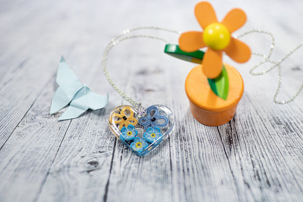 HEART-SHAPED PENDANT WITH A BLUE AND YELLOW BUTTERFLY ON FORGET-ME-NOT FLOWERS